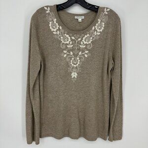 Garnet Hill Floral Embroidered Sweater M Lambswool Cashmere Angora Tan Cream